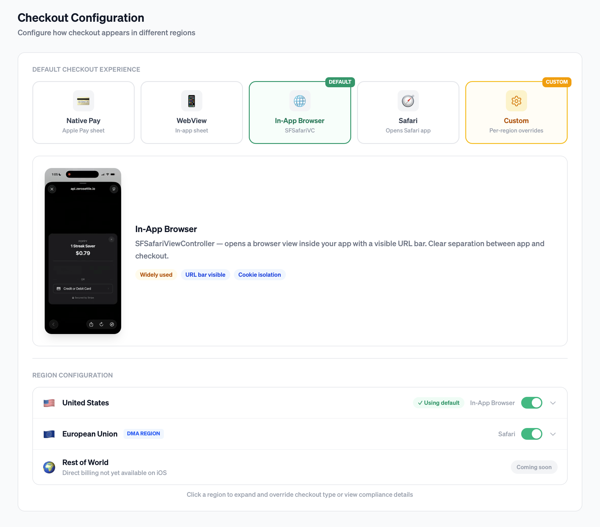 Region configuration dashboard with checkout type selector