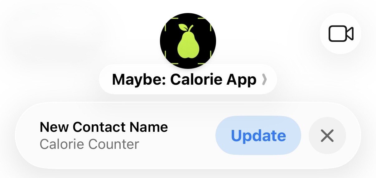Contact card reading “Maybe: Calorie App” with a suggested New Contact Name and an Update button.
