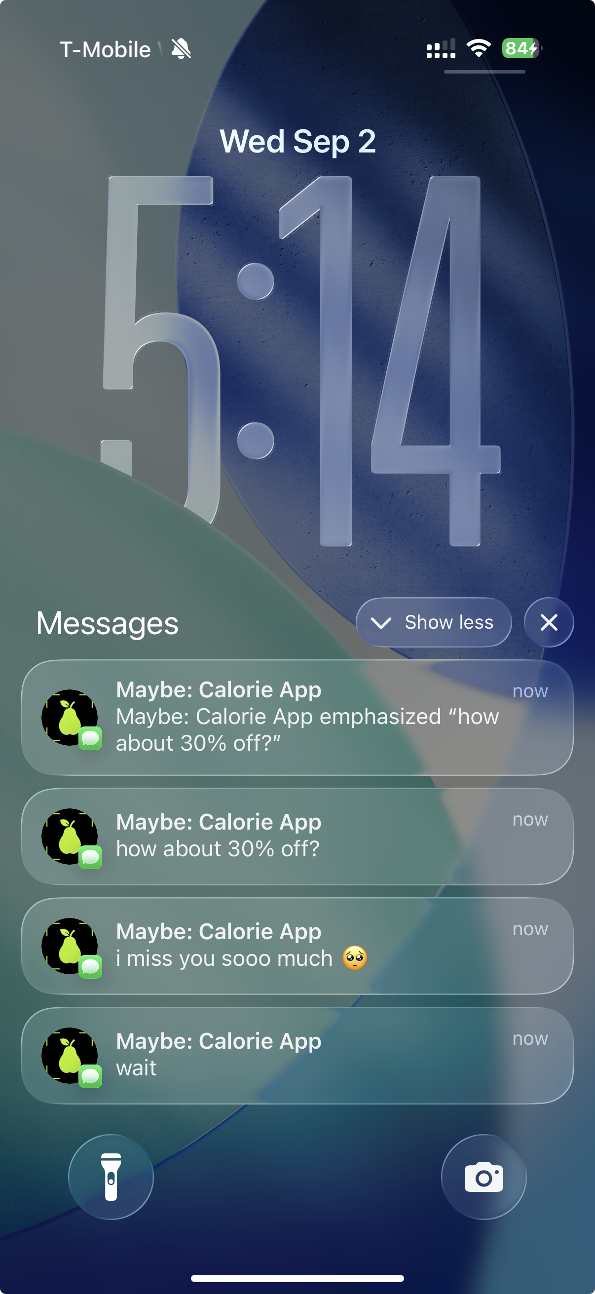 iPhone lock screen showing four iMessage notifications from &ldquo;Maybe: Calorie App&rdquo;: wait; i miss you sooo much; how about 30% off?; and an emphasized reaction on the offer.