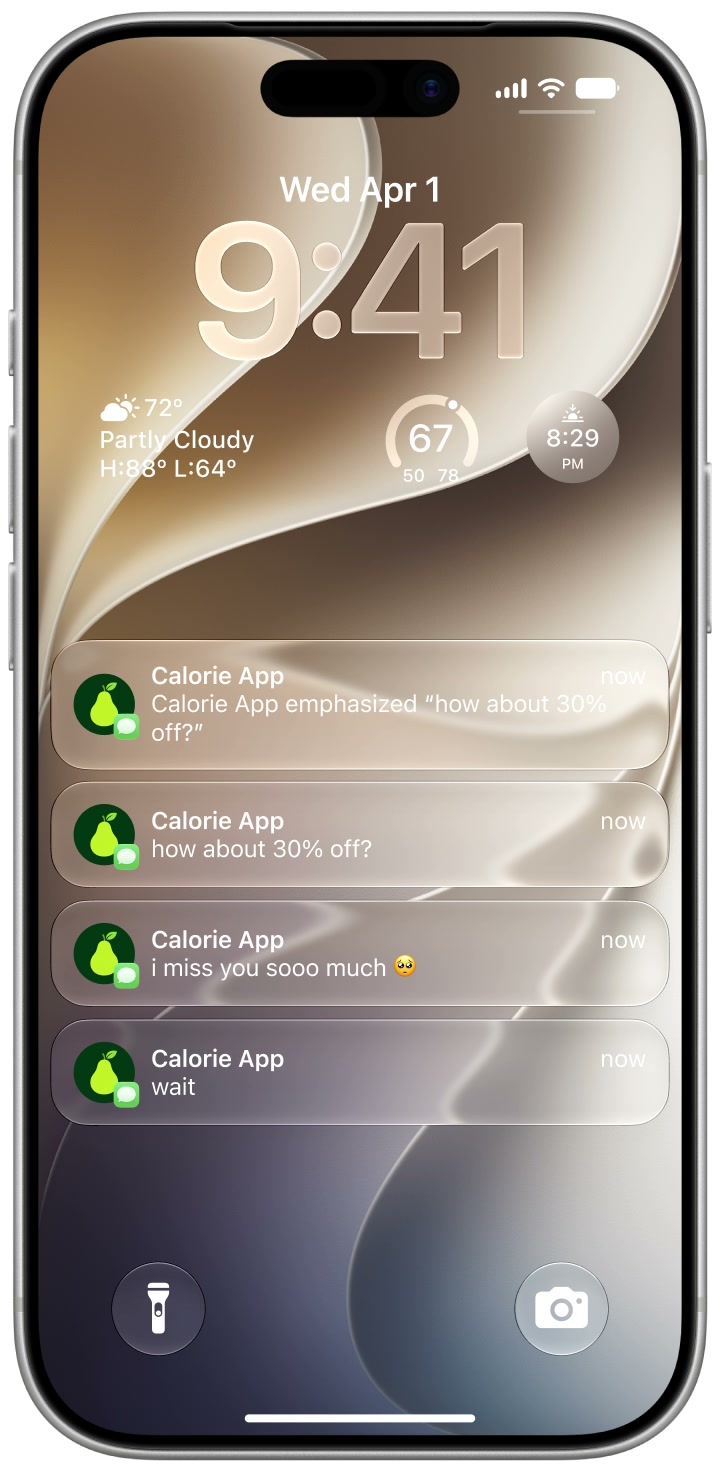 Calorie App sends a retention offer in iMessage: wait; i miss you sooo much; how about 30% off?; followed by an emphasized reaction.