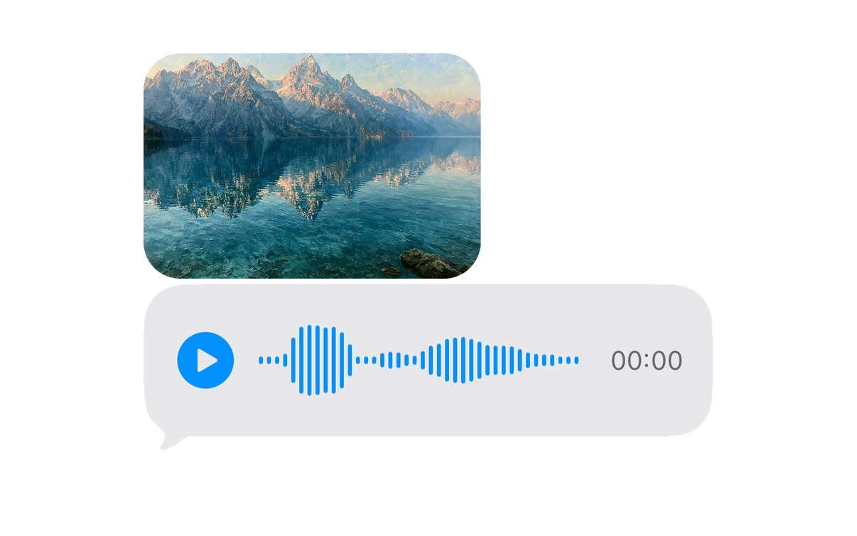 A photo of a mountain lake and a voice memo, both sent in an iMessage thread.