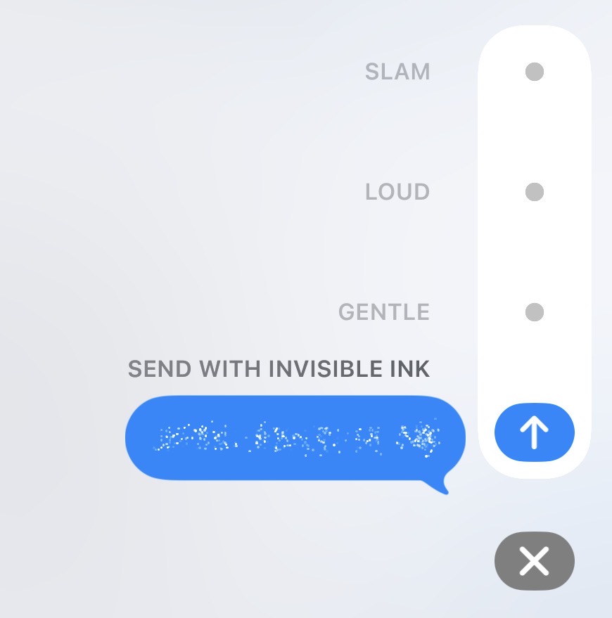 The iMessage send menu with “Send with Invisible Ink” selected; the message is obscured by shimmering dots.