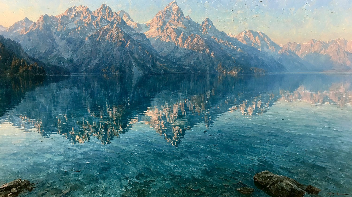 Oil painting of a perfectly still alpine lake mirroring soft snow-dusted peaks under a first-light sky.