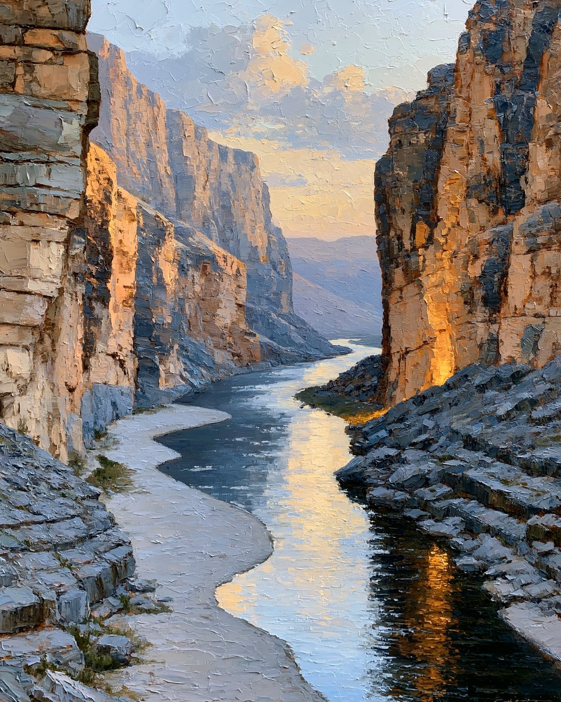 Oil painting of layered sandstone canyon walls in soft bands with a calm river winding along the quiet floor at dusk.
