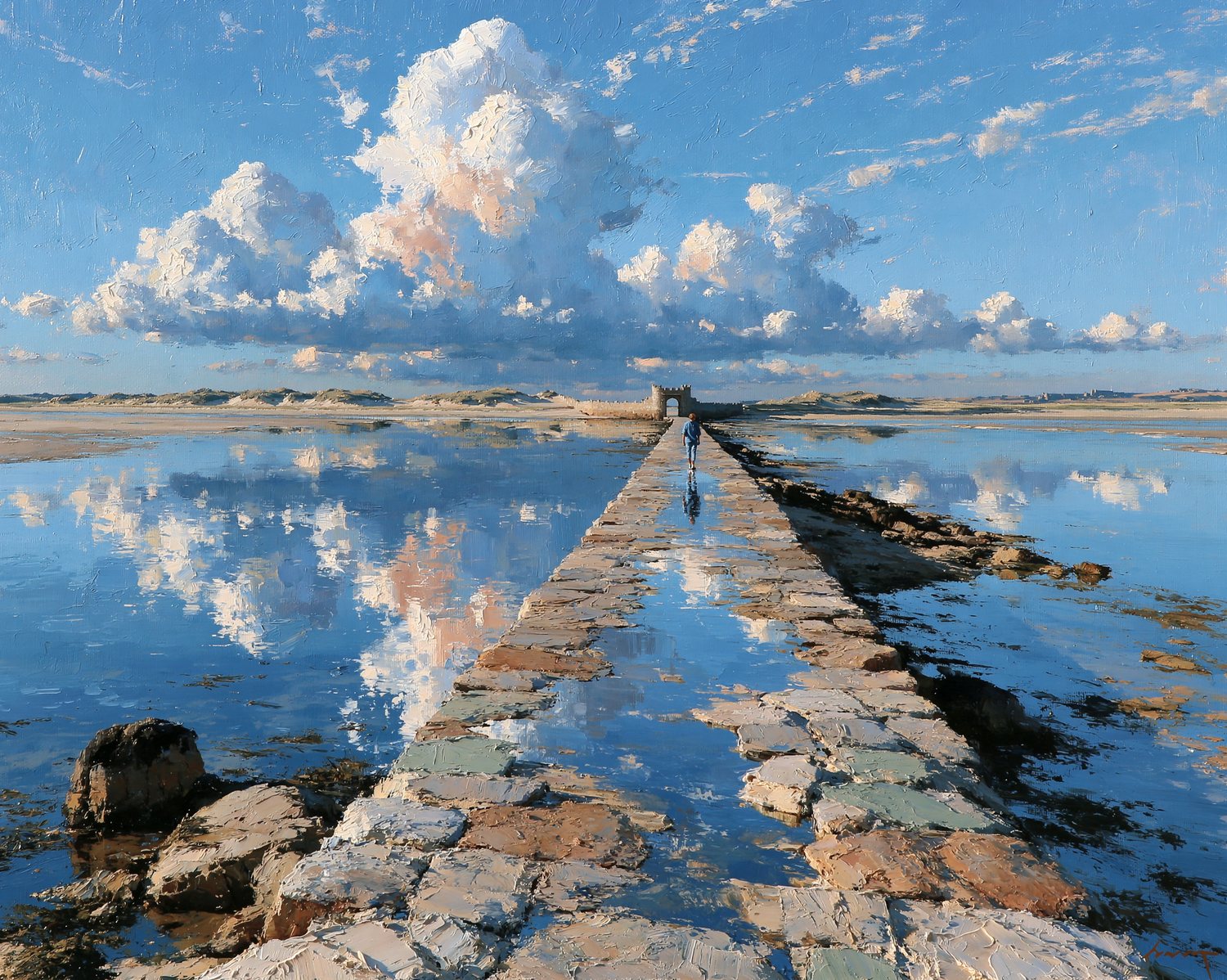 Oil painting of a stone causeway crossing glassy tidal flats toward a distant gatehouse, with tall clouds mirrored in the still water.