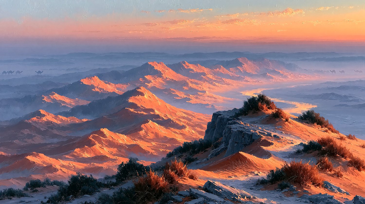 An oil-painted valley glowing at dawn — Autopilot searching across products, cohorts, and regions for the best price