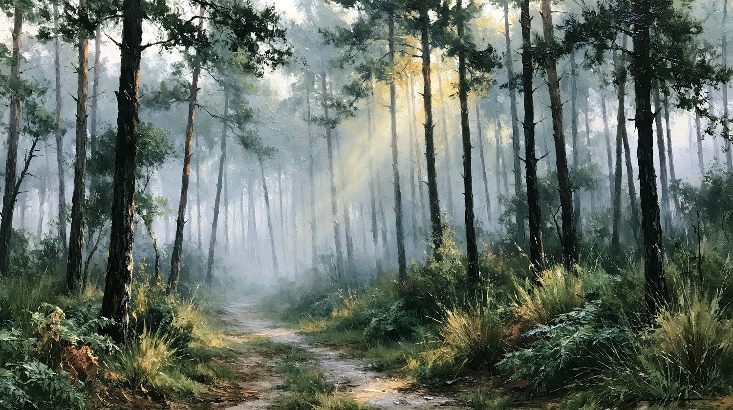 Oil painting of a quiet path winding through a tall misty pine forest toward a soft shaft of morning light.