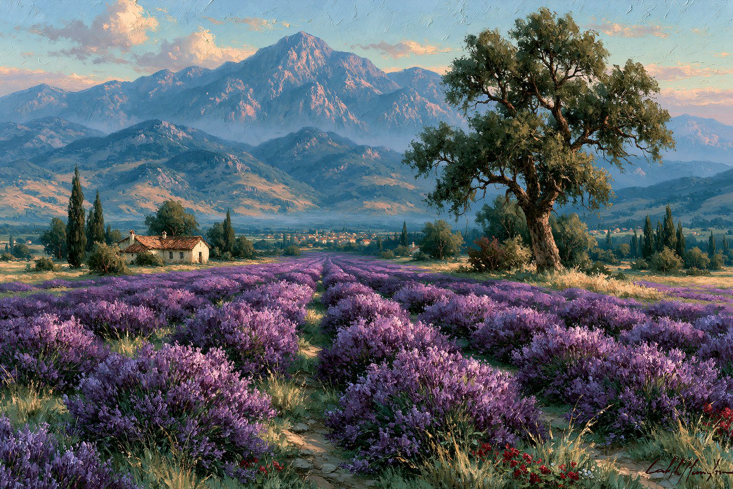 Oil painting of long rows of blooming lavender receding to distant soft hills under a hazy dawn sky.
