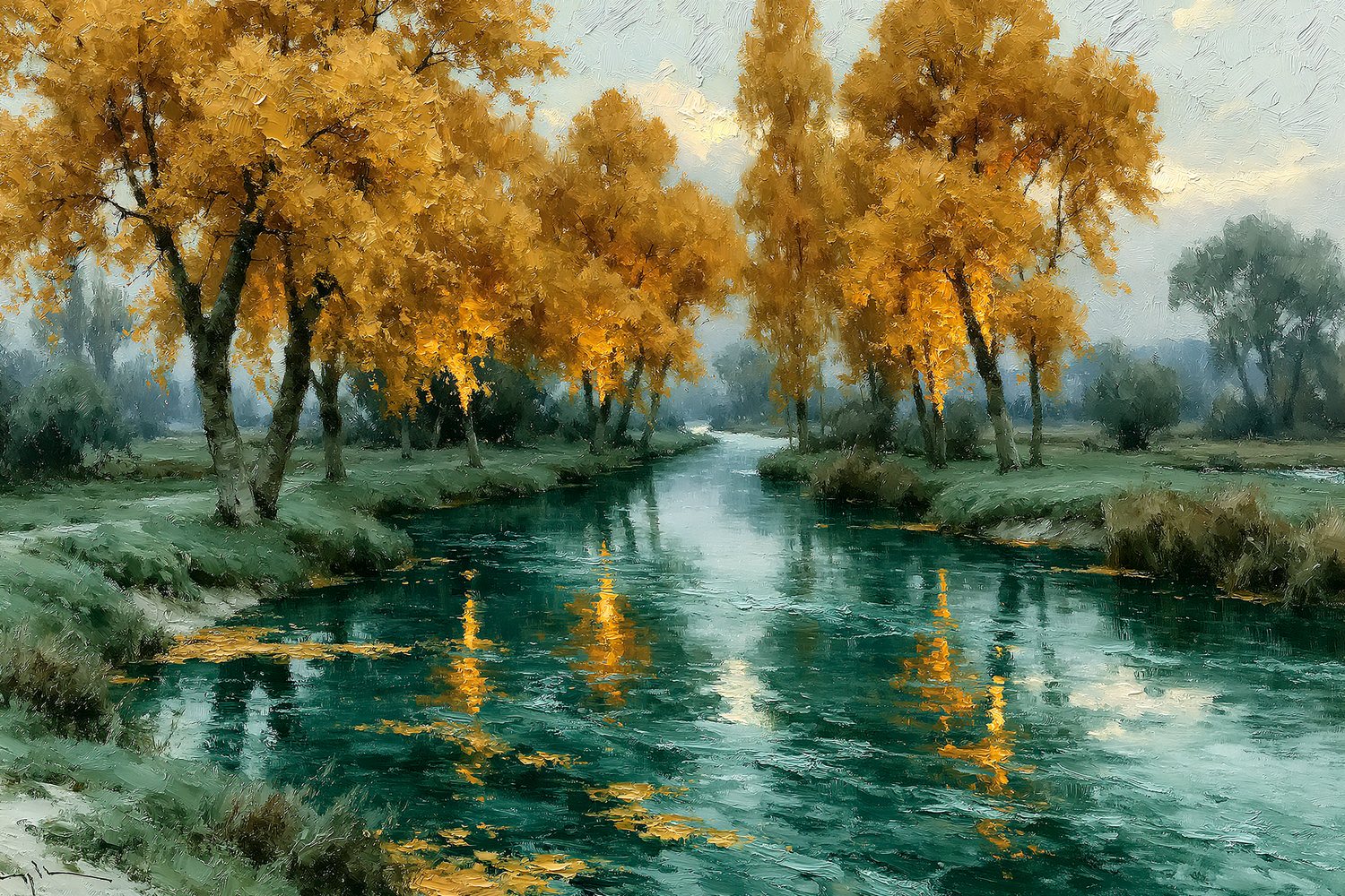 Oil painting of a calm stand of maple trees in soft autumn gold and amber beside quiet still water with gentle reflections.