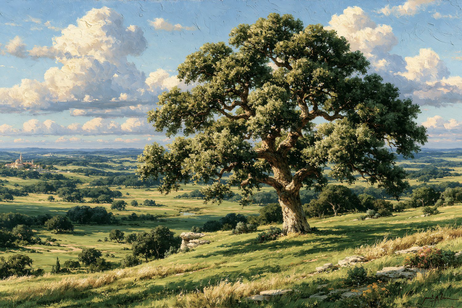 Oil painting of a single broad oak on a green rolling meadow under soft drifting clouds, calm and open.