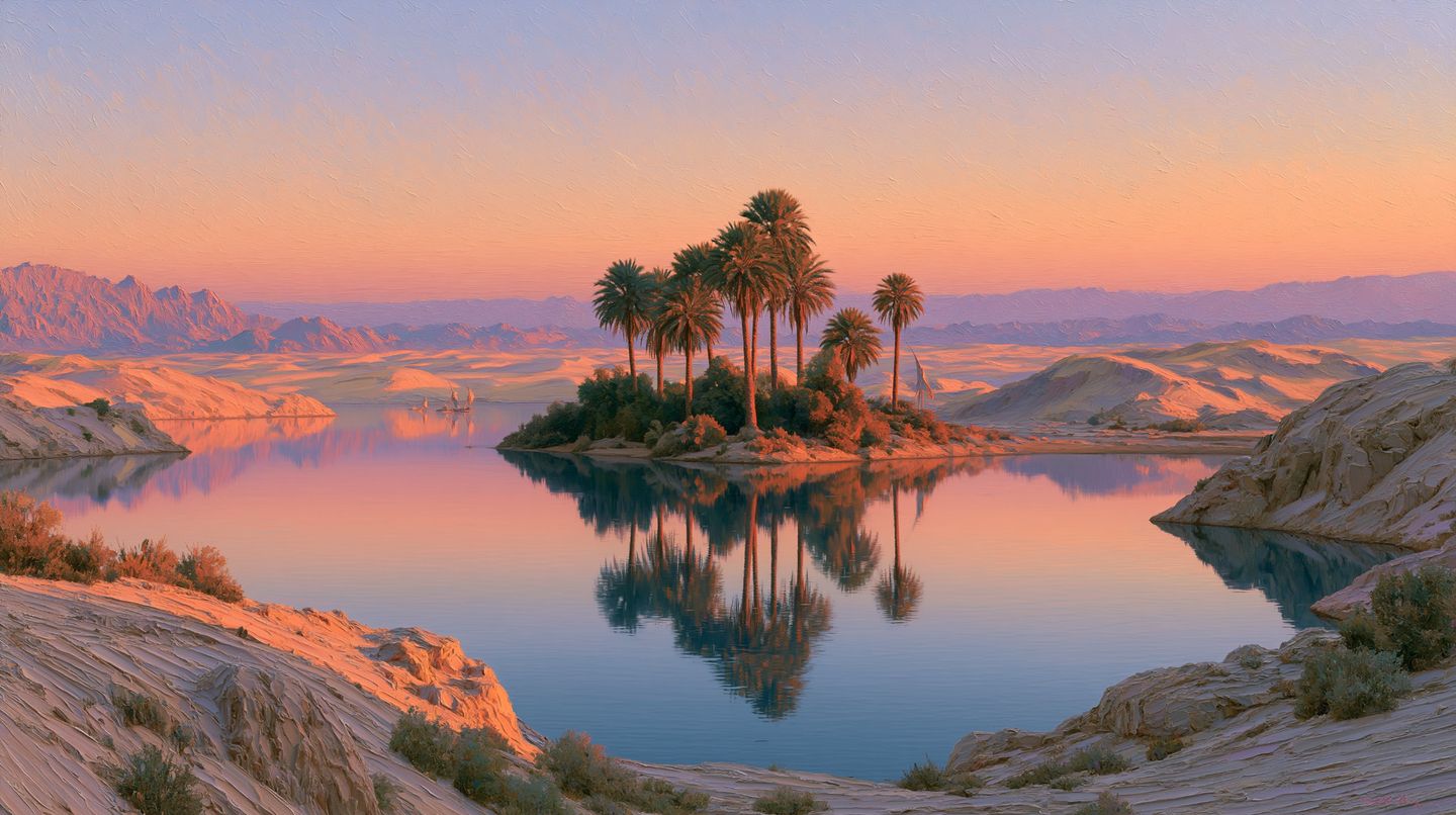 An oil painting of a desert oasis — a still, bright pool ringed by palms under warm light — the steady destination Autopilot steers toward.