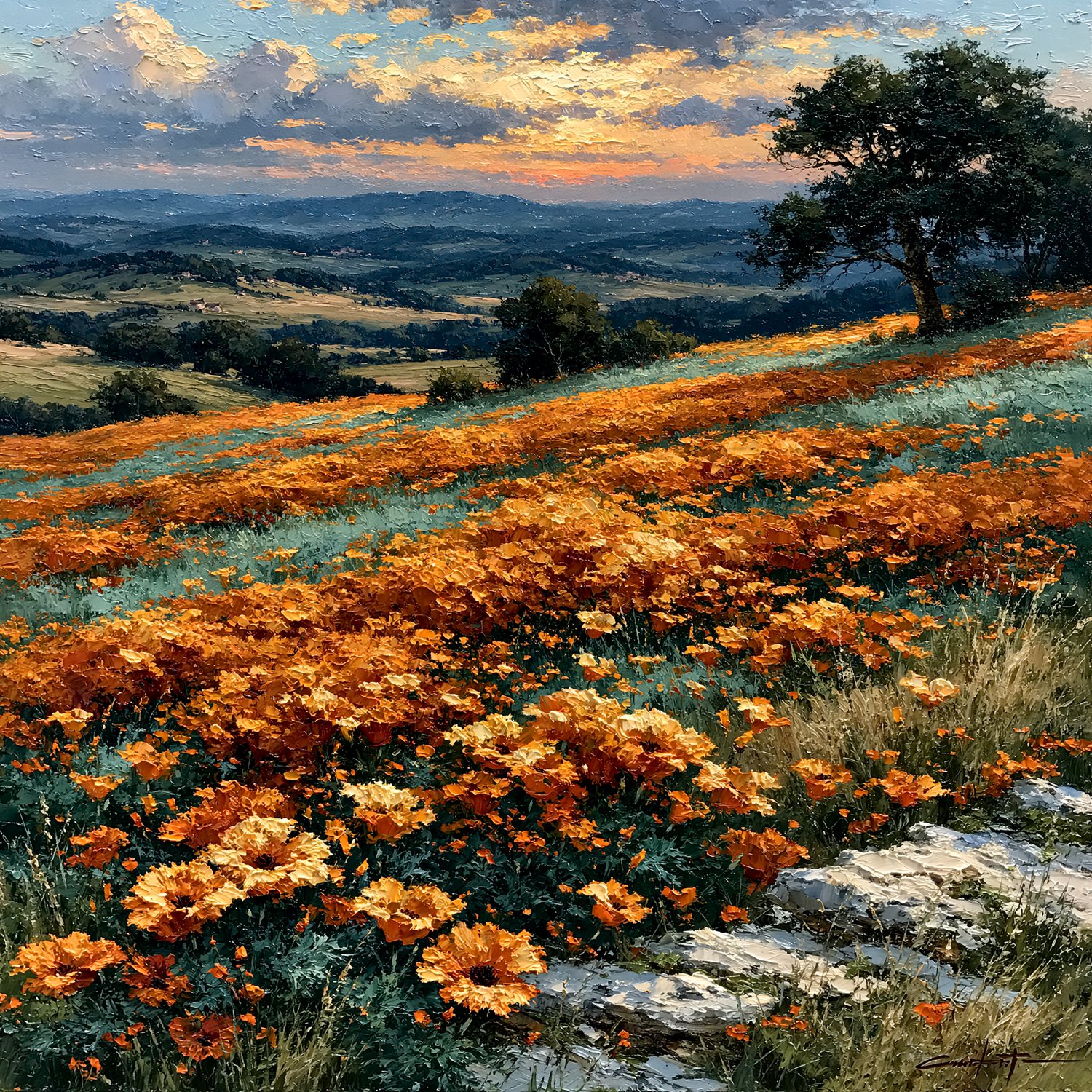 Oil painting of a wide meadow of soft red poppies rolling gently toward low hills under a golden-hour sky.
