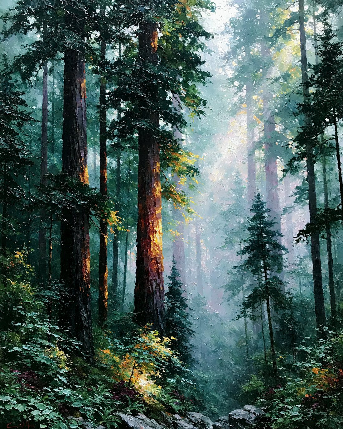 Oil painting of a grove of ancient towering redwoods in soft morning fog, quiet and timeless.