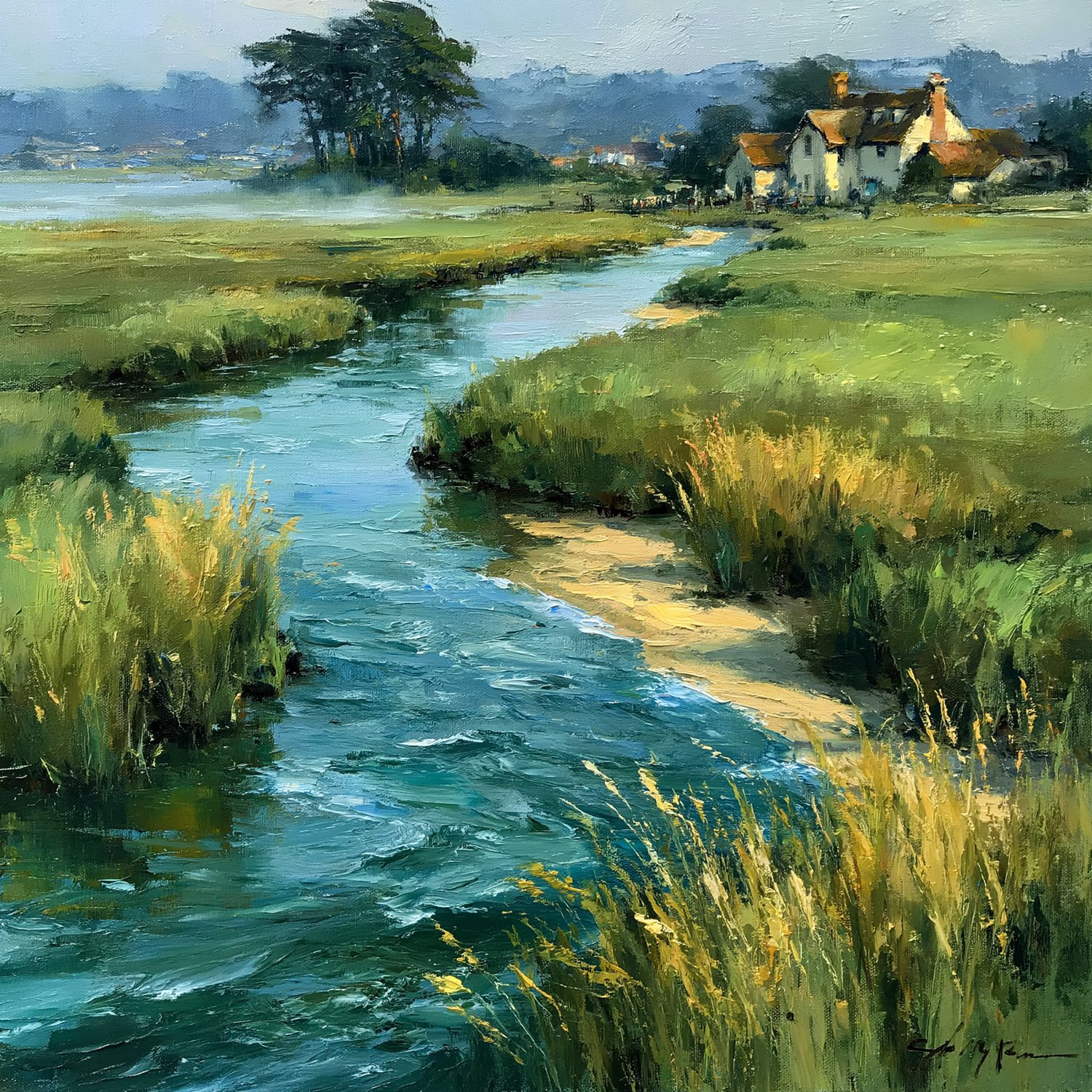 Oil painting of a slow river bending through soft green wetlands and reeds under low first-light mist.