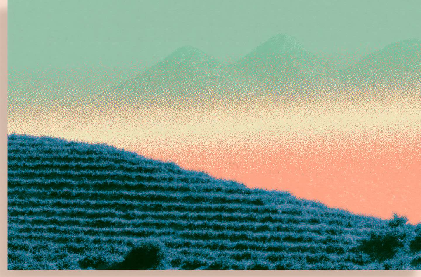 An oil painting of terraced green hillsides receding into soft light — the whole picture, included on every plan.