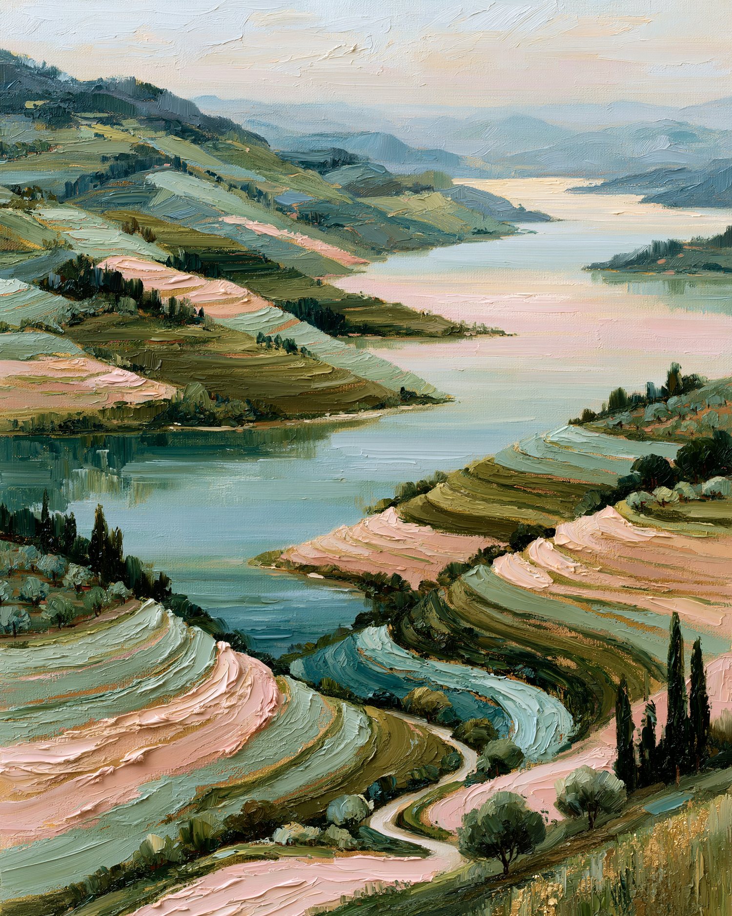 Oil painting of rose-and-sage terraced hillsides stepping down to a winding river between soft hills at gentle light.