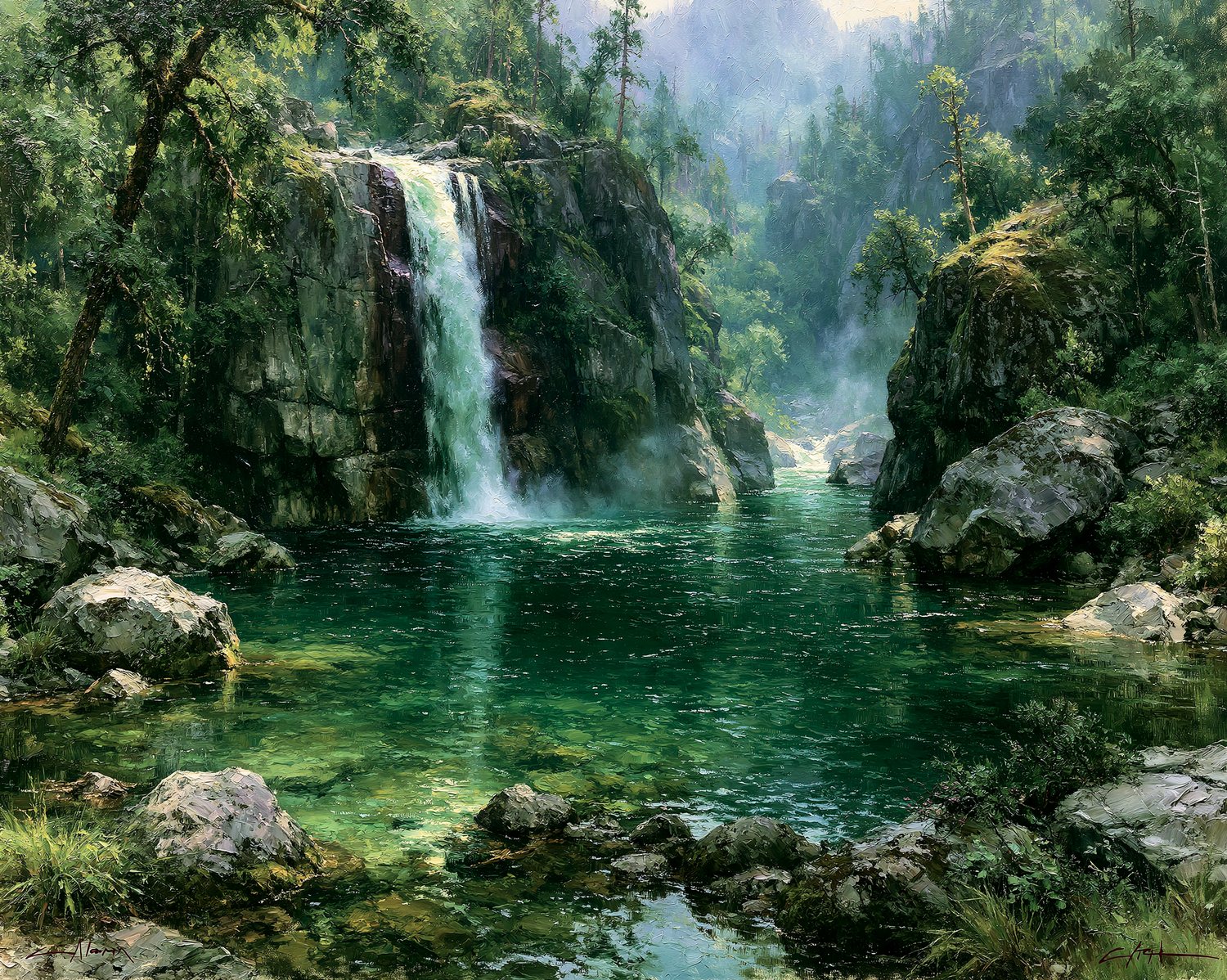 Oil painting of a tall waterfall spilling into a still emerald pool in a lush green gorge with soft rising mist.