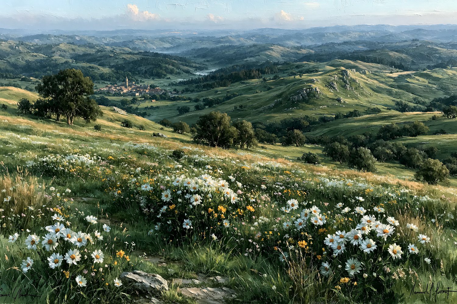 Oil painting of a gentle hillside scattered with mixed pastel wildflowers under a soft clear morning sky.
